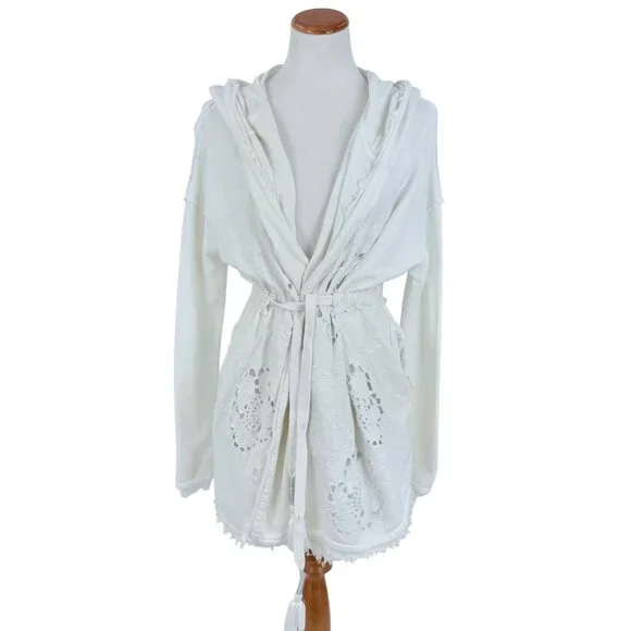 Free People Ivory French Terry Relaxed Hooded Wrap Cardigan Jacket Coastal Boho